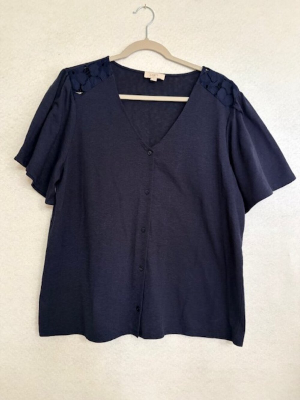 LOFT Outlet Navy Blue Knit V-Neck Buttons Lace Inserts Bell Short Sleeve Top XL